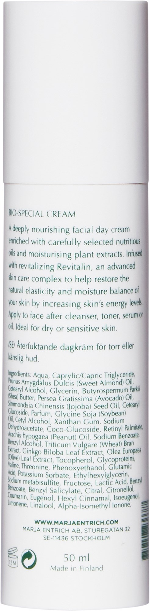 En hvid cylindrisk flaske, sandsynligvis et hudpleje- eller kosmetikprodukt, med lyseblå tekst.