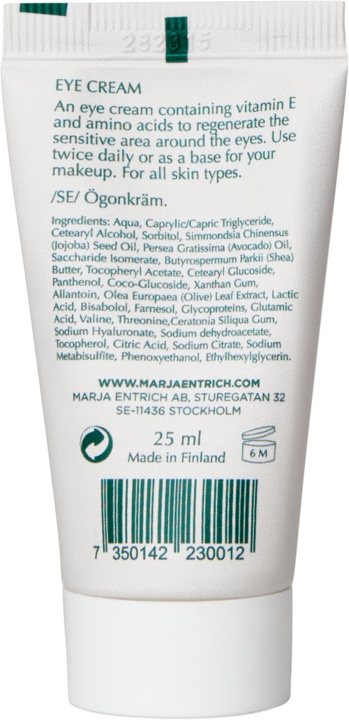 En tub med ögonkräm med ingredienser, märkesdetaljer och streckkod. Passar alla hudtyper.