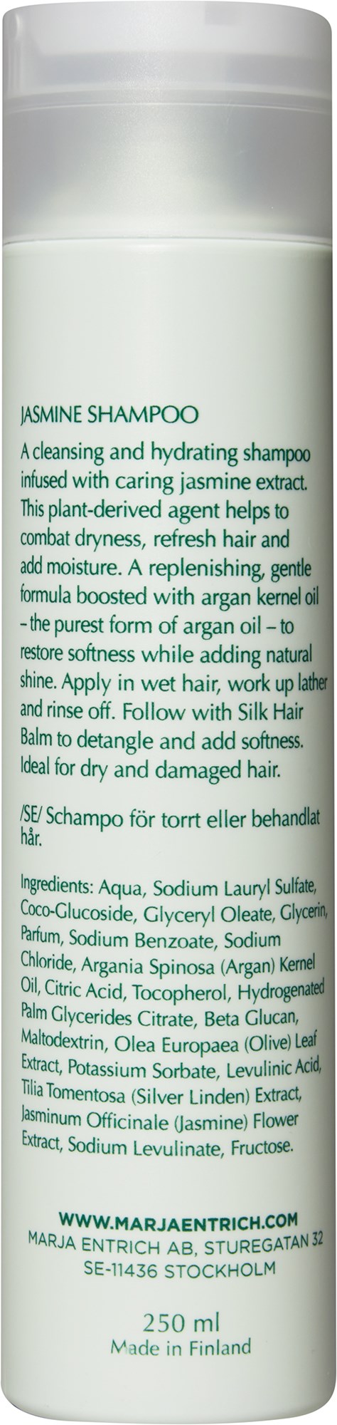 Eine weiße Shampoo-Flasche mit grünem Text, der die Vorteile und Inhaltsstoffe von Jasmin-Shampoo beschreibt, einschließlich Öle und Pflanzenextrakte.