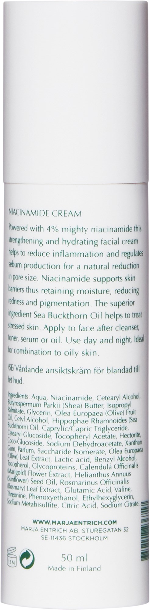 En vit flaska med text om en hudvårdsprodukt som heter Niacinamide Cream, med ingredienser och användningsinstruktioner.