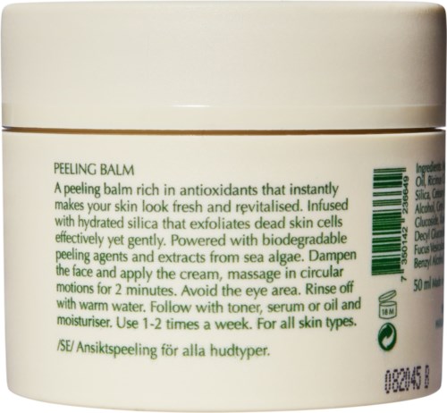 En hvid beholder med peeling balm med grøn tekst, der beskriver fordelene og brugsanvisningen. Indeholder ingredienser og genbrugssymboler.