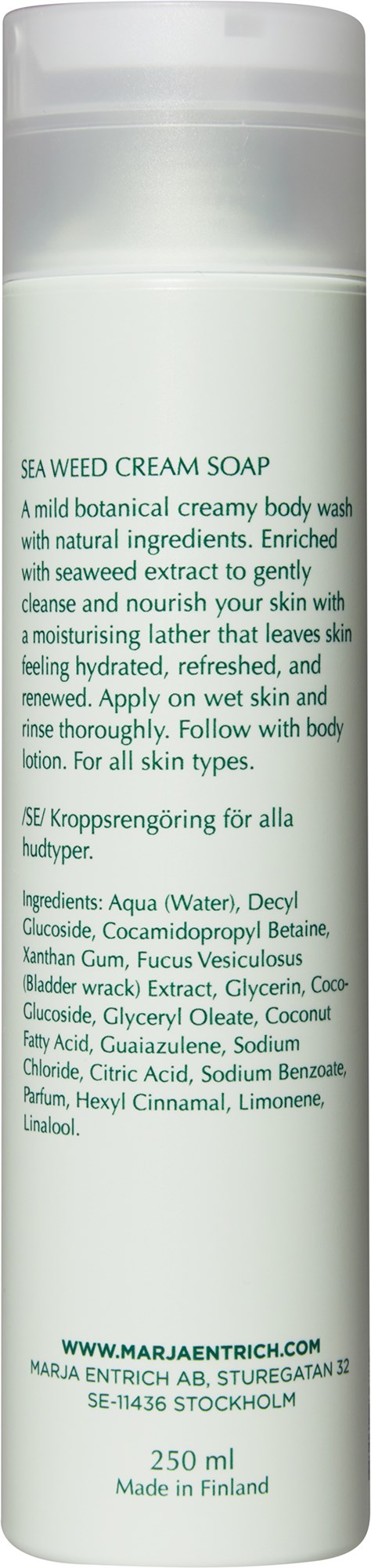 En vit flaska märkt 'Seaweed Cream Soap' med instruktioner och ingredienser samt webbadress och storlek, tillverkad i Finland.
