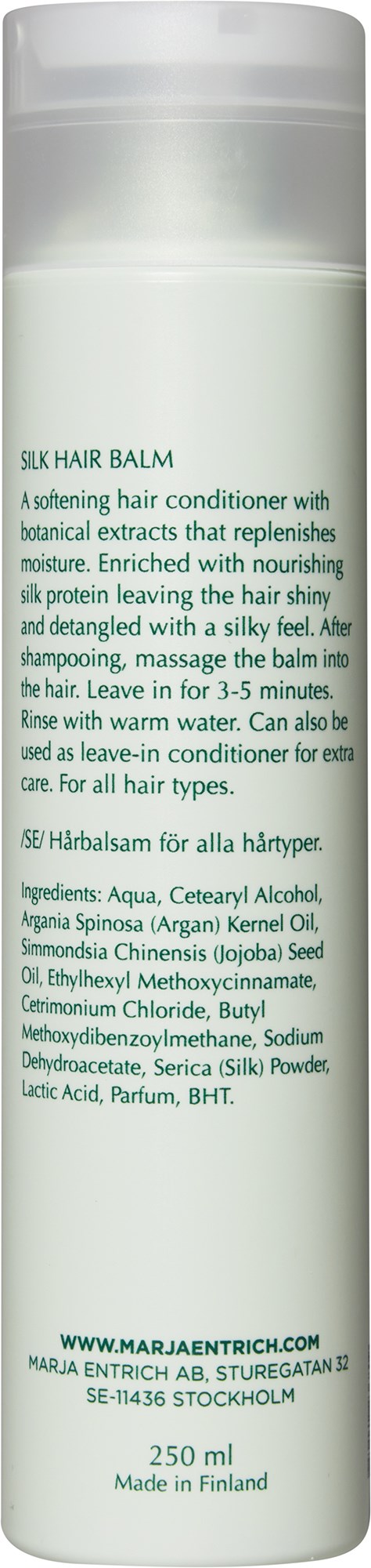 En hvid flaske med Silk Hair Balm, der beskriver dets plejende og glatte egenskaber til hår.