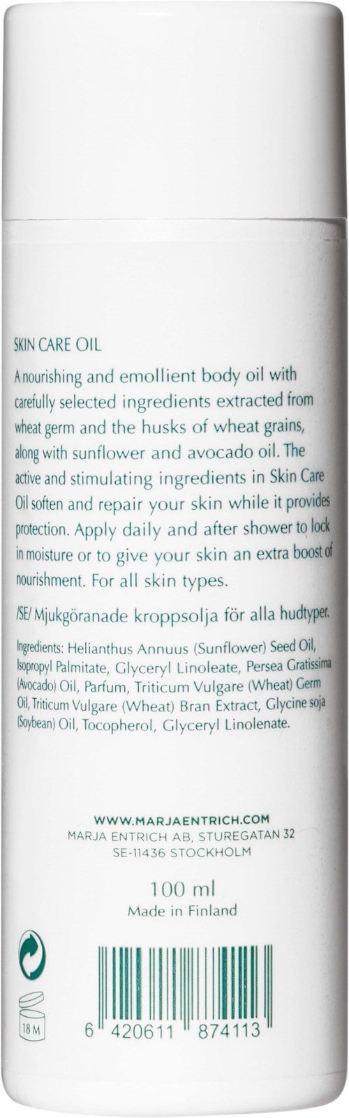 Dette er en hvid flaske med kropsolie med ingredienser som solsikke- og avokadooljer, egnet til alle hudtyper.