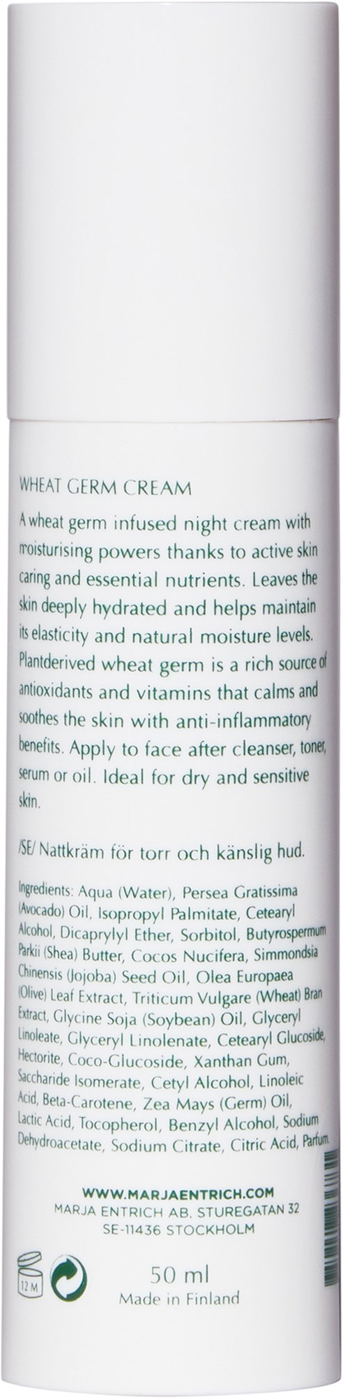 En hvid cylindrisk flaske med en etiket, der beskriver hvedekimcreme, inklusive ingredienser og brugsdetaljer.