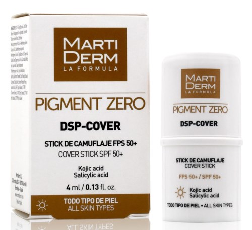 En hudvårdsproduktlåda och penna märkta Pigment Zero DSP-Cover för alla hudtyper med solskydd SPF 50+ och salicylsyra.