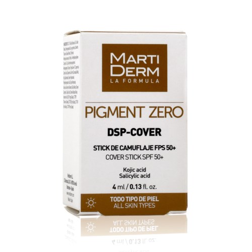 En vit box av MartiDerm Pigment Zero med brunt och svart text, visar ett hudvårdsprodukt med SPF 50+ för alla hudtyper.