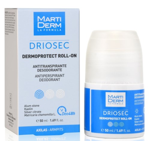 En box och roll-on-flaska av Marti Derm Driosec antiperspirant deodorant med blå och vita etiketter.