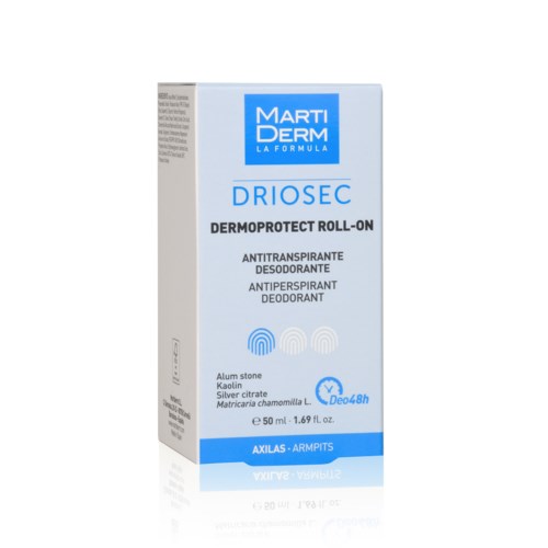 En box av Marti Derm Driosec deodorant roll-on med ingredienser listade och en blå och vit design.