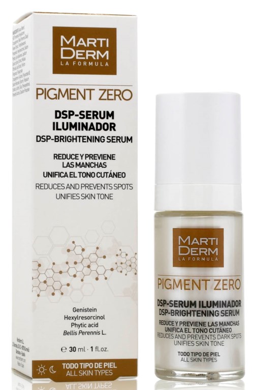 En vit förpackning och en liten flaska med etikett. De är hudvårdsprodukter från Marti Derm, kallade Pigment Zero, för alla hudtyper.