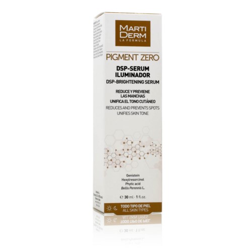 En vit förpackning av Marti Derma Pigment Zero DSP-serum, som ska ljusa upp huden och minska pigmentfläckar.
