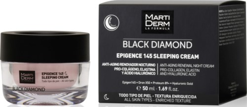 En burk med Marti Derm Black Diamond sömnkräm och en svart-vit låda, etiketten visar anti-aging fördelar.