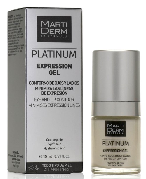 En box och liten flaska med MartiDerm Platinum Expression Gel för ögon och läppar, minskar rynkor, visas.