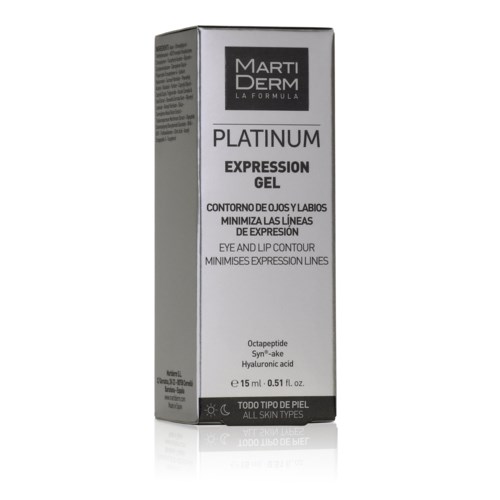 En silverfärgad förpackning av Marti Derm Platinum Expression Gel för ögon- och läppkontur, med octapeptid och hyaluronsyra.