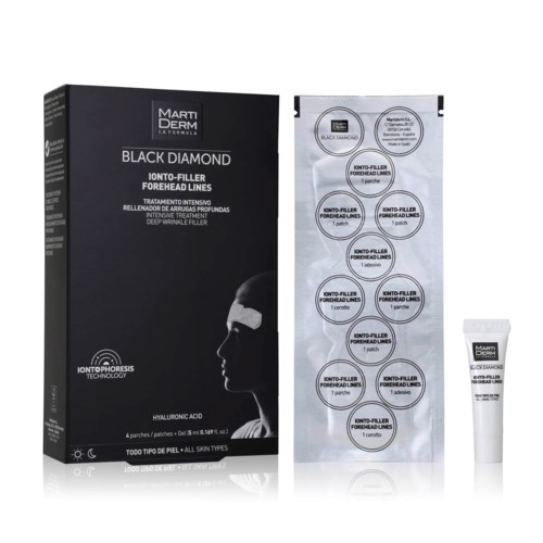 En produktförpackning och en blisterförpackning med Marti Derm Black Diamond behandling för pannrynkor med små tuber inuti.