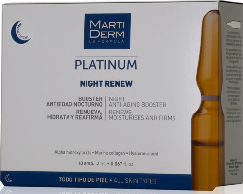 Box med Marti Derm Platinum Night Renew med en liten hudvårdsampull. Den står att den återfuktar, anti-aging, och passar alla hudtyper.