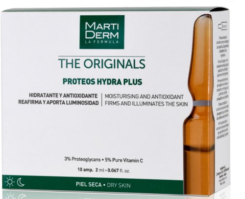 En låda med MartiDerm Proteos Hydra Plus för torr hud med vitaminer och proteoglykaner, med en liten flaska.