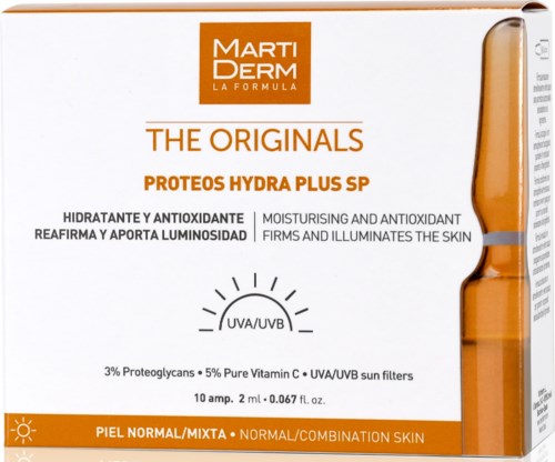 Box med Marti Derm Proteos Hydra Plus SP solskyddsmedel med vitaminer för normal och blandad hud.