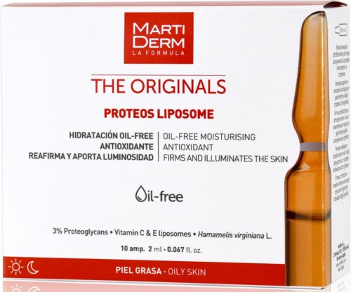 Produktlåda för Marti Derm Proteos Liposome, en oljefri återfuktande och antioxidant hudvårdsprodukt för fet hy.
