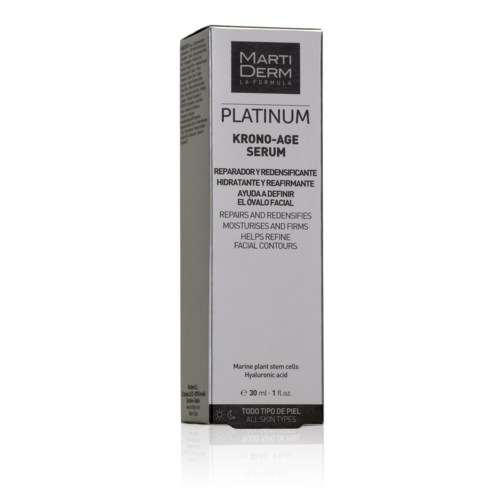 En vit och svart förpackning av MartiDerm Platinum serum med produktdetaljer och ingredienser listade.
