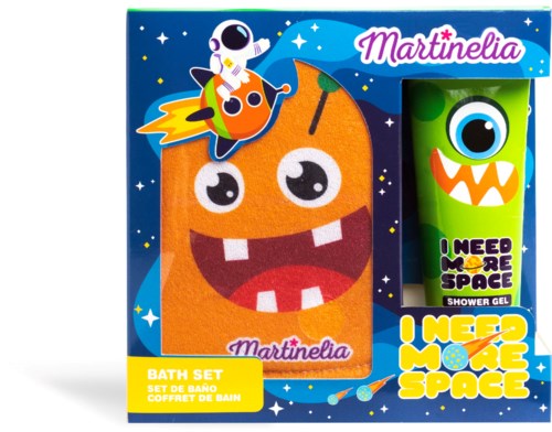 A colorful bath set featuring a towel, fun alien and monster designs, and shower gel.