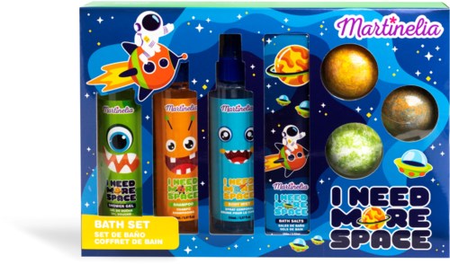 Colorful bath set with space-themed bottles, planets, and fun cartoon characters for children.