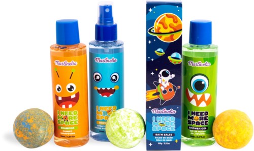Colorful space-themed bath products for kids with planets and space animals. Includes shampoo, body spray, and bath gel.