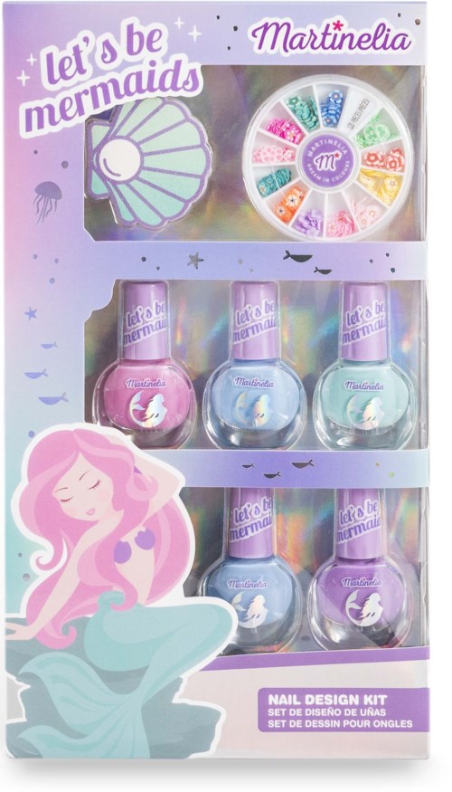 Bunte Nagellackflaschen mit Meerjungfrauthema, inklusive ein kleines Rad mit verschiedenen Nageldesigns und Meerjungfrau-Illustration.