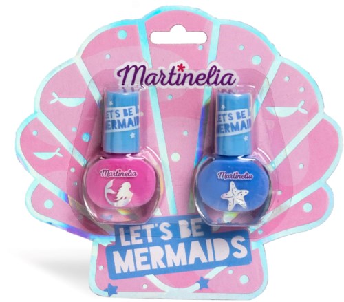 Två små nagellacksflaskor, en rosa med en sjöjungfru-logga och en blå med en sjöstjärnelogga, på en rosa snäckbakgrund.