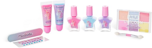 Colorful toe nail polish, a nail file, and a pastel makeup palette with brushes, all with a unicorn theme.
