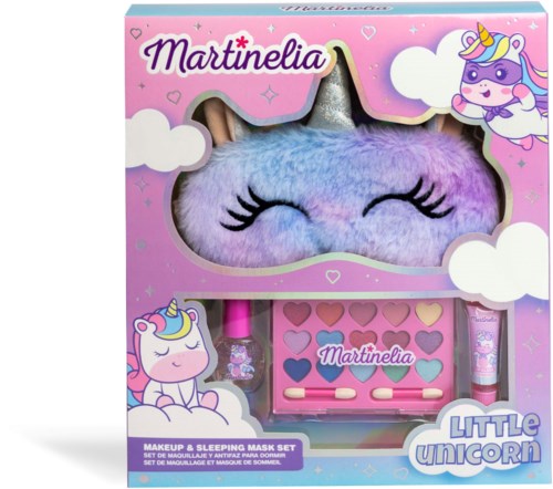 En rosa låda med ett enhörnings-tema sminks- och sovmaskset med färgglada sminkprodukter och illustrationer.