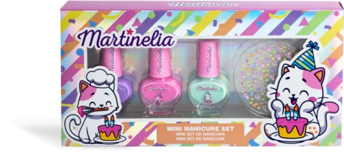 Colorful packaging with three little bottles, a balloon, and two cute cartoon cats for children's manicure.