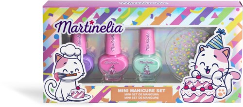 Colorful packaging with cute cat illustrations, containing nail polish bottles and a small ball.