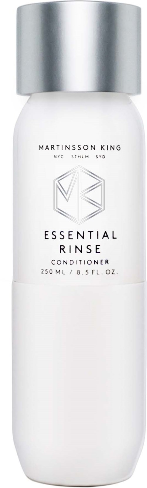 A white bottle with a silver cap labeled 'Martinson King Essential Rinse Conditioner' for hair care.
