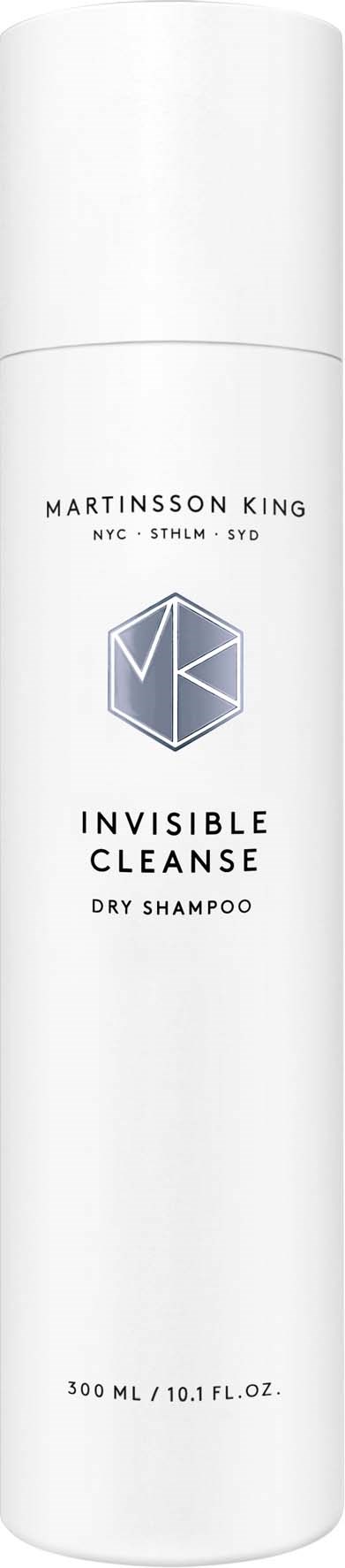 En vit, cylindrisk flaska med svart och lila text, märkt 'Martinsson King Inviible Cleanse Dry Shampoo', 300 ml.