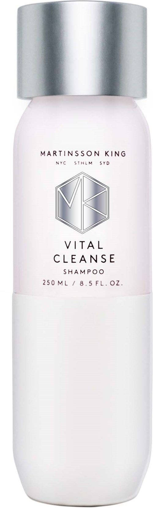 En vit schampoburk med silverlock, märkt "VITAL CLEANSE" av Martiinson King, 250 ml.