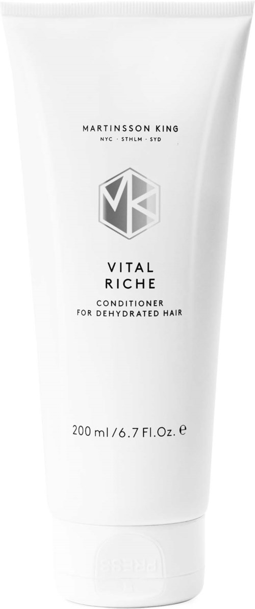 Hvid hårbalsamtube med sort og grå tekst og logo, mærket til dehydreret hår, 200 ml.