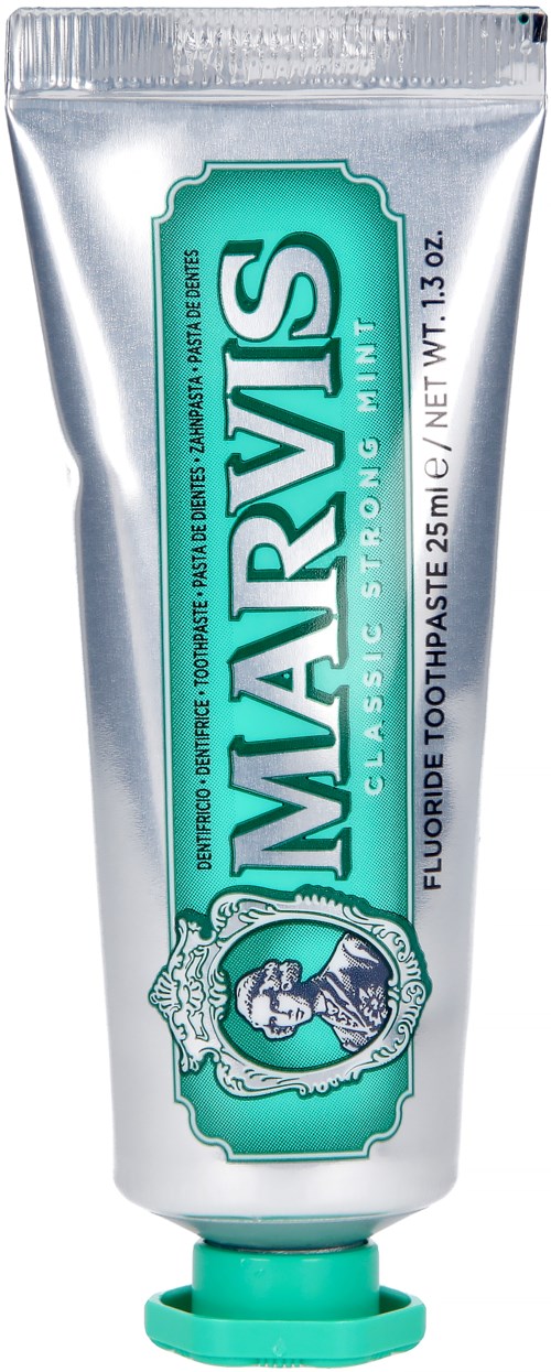 En silver tub med Marvis tandkräm med en blå och vit etikett, med en logga och text.