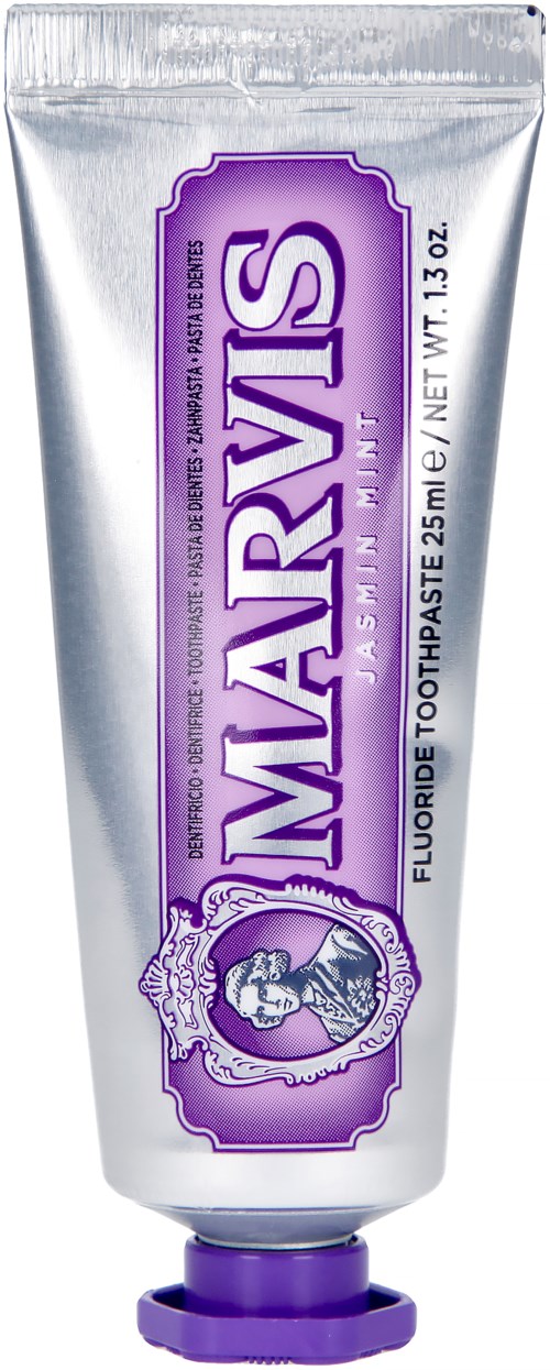 Hopea- ja lila-värinen hammasputkila, jossa lukee "Miravis", ja lavainen kansi.