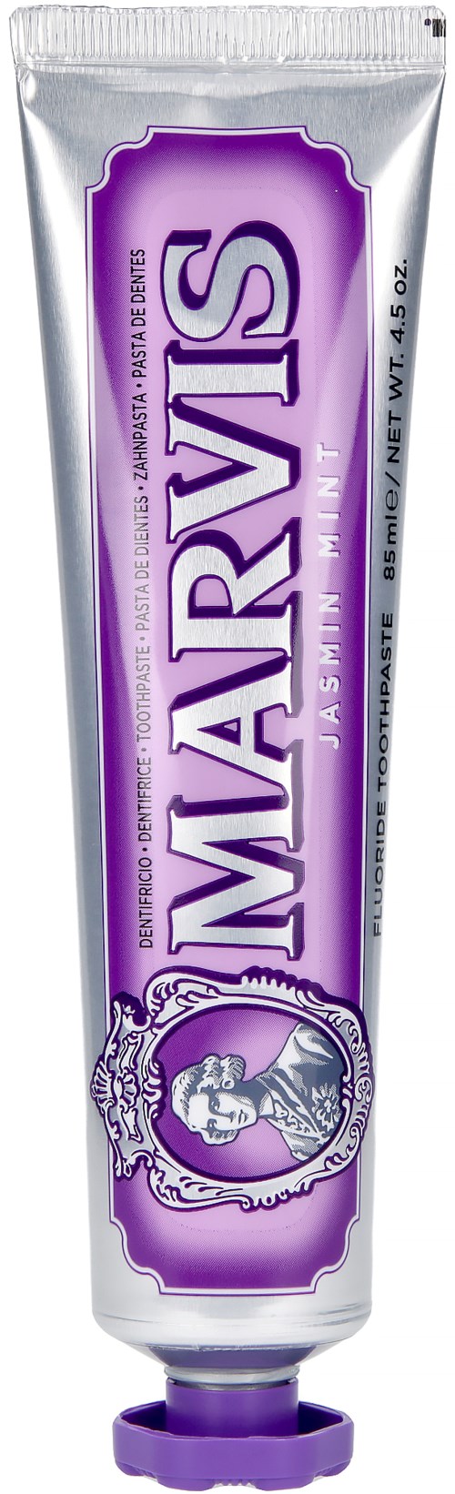 En tub med tandkräm märkt 'Marvis' i lila och vitt.