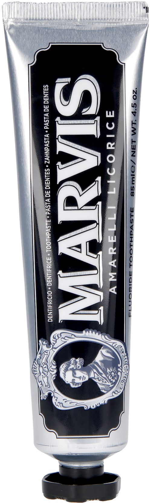 A tube of Marvis toothpaste with black and white label, brand name, and an anchor logo.