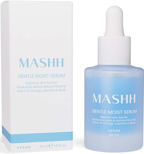 En blå flaska med hudvårdsserum med pipett, och en vit förpackningslåda, märkta "MASHH GENTLE MOIST SERUM".