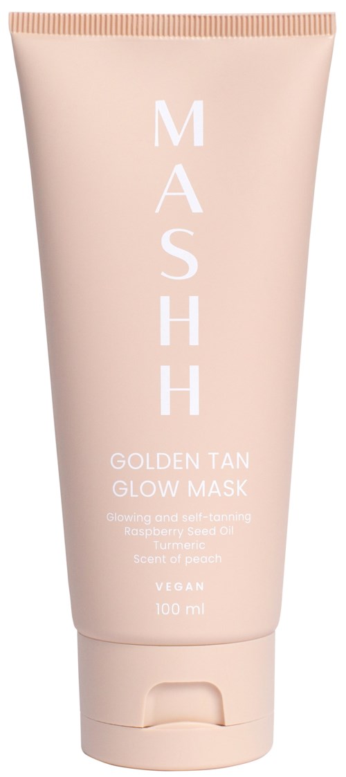 En rosa tub med ansiktsmask märkt 'MASHH Golden Tan Glow Mask' med beskrivning av doft och veganskt formulering.