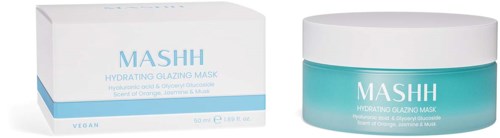 En hudvårdsprodukt som heter MASHH Hydrating Glazing Mask i en blå burk och dess förpackning.