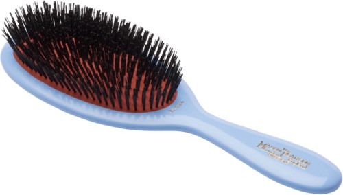 A hairbrush with black and red bristles and a light blue handle.