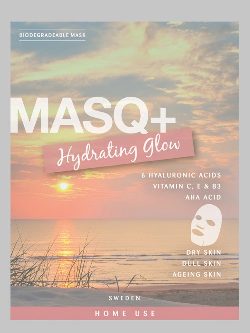 Et kosmetisk produkt til hudhydrerende med solnedgang i baggrunden, viser ingredienser og anvendelse for tør, mat og aldrende hud.