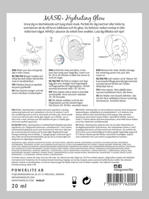 En skønhedsproduktguide med trin til at bruge en fugtgivende glow-maske, inklusive ansigtsvask, maske og fjernelse.