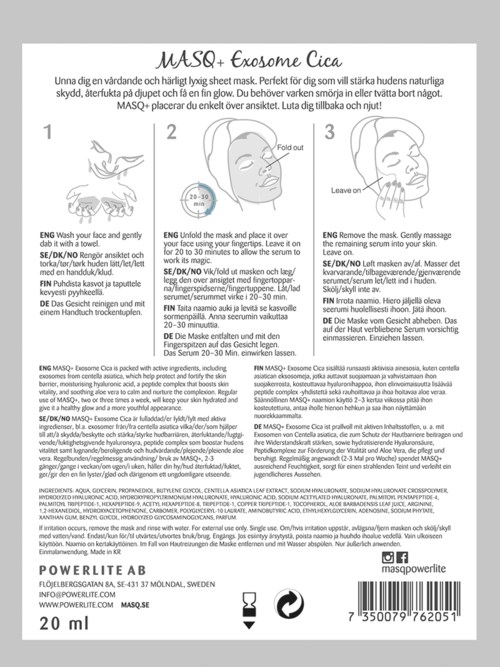 En hudplejeetikette, der forklarer Masque og Exosome Cica med instruktioner og ingredienser.