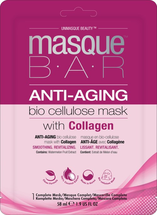 Lilla og rosa emballasje for en kollagen anti-aldrings ansiktsmaske med vannmelon ekstrakt.
