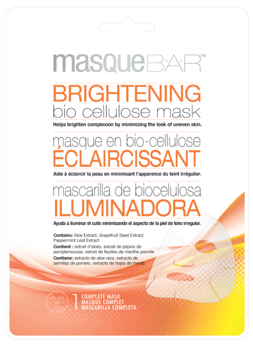 Dette er emballasje for en opplysende bio-cellulose maske med oransje og hvit design, fokus på hudglans og minimale linjer.